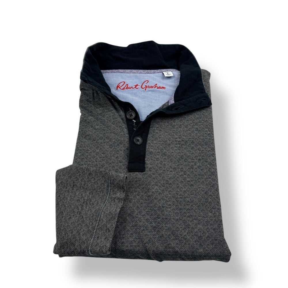 Robert Graham‎ Mens Classic Fit Geo Print Long Sleeve Button Neck Polo Shirt L